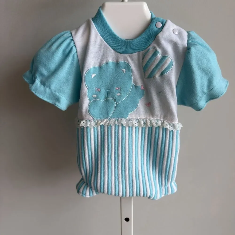 Vintage 80’s Blue & White Baby Romper 3-6 Mos One Piece Teddy Bear Balloon READ